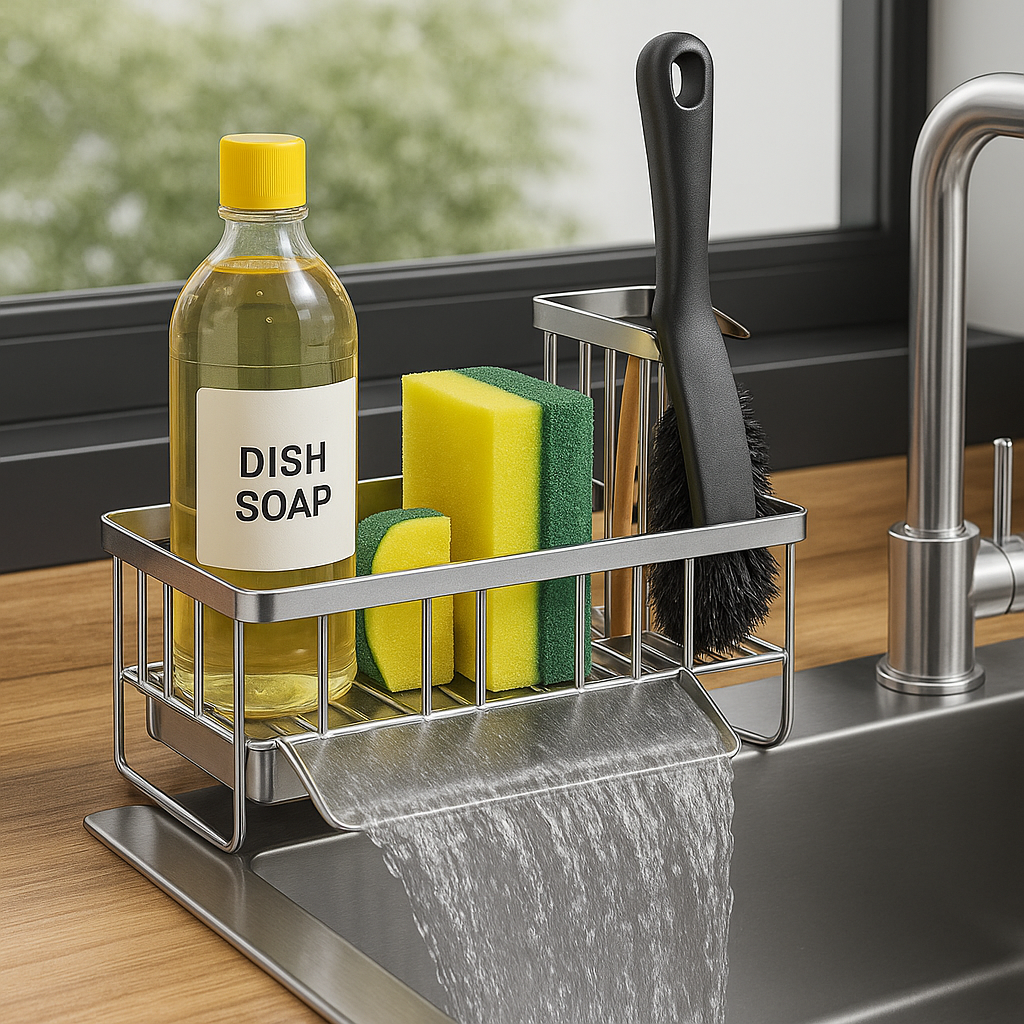 Cisily Kitchen Sink Caddy Organizer showing stainless steel compartments with sponges and brushes