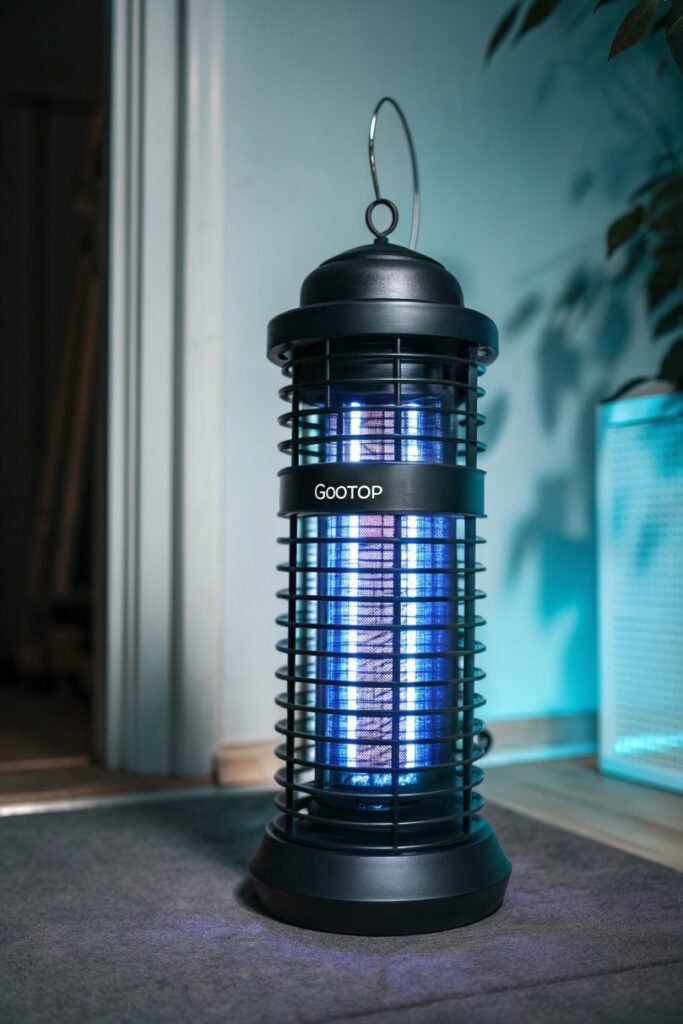 A digital photograph showcases a GOOTOP Bug Zapper in a dimly lit indoor room. The zapper emits a soft purple glow, highlighting its cylindrical design with protective ABS plastic casing. In the blurred background, a person relaxes on a couch, emphasizing the bug zapper’s discreet and home-friendly presence.