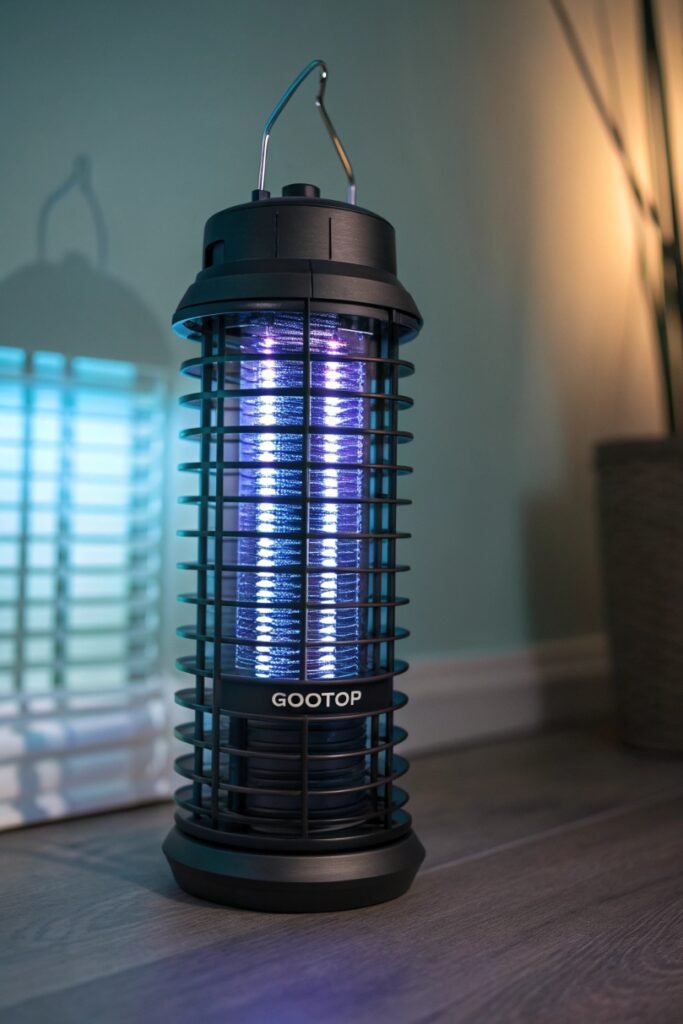 A digital photograph showcases a GOOTOP Bug Zapper in a dimly lit indoor room. The zapper emits a soft purple glow, highlighting its cylindrical design with protective ABS plastic casing. In the blurred background, a person relaxes on a couch, emphasizing the bug zapper’s discreet and home-friendly presence.