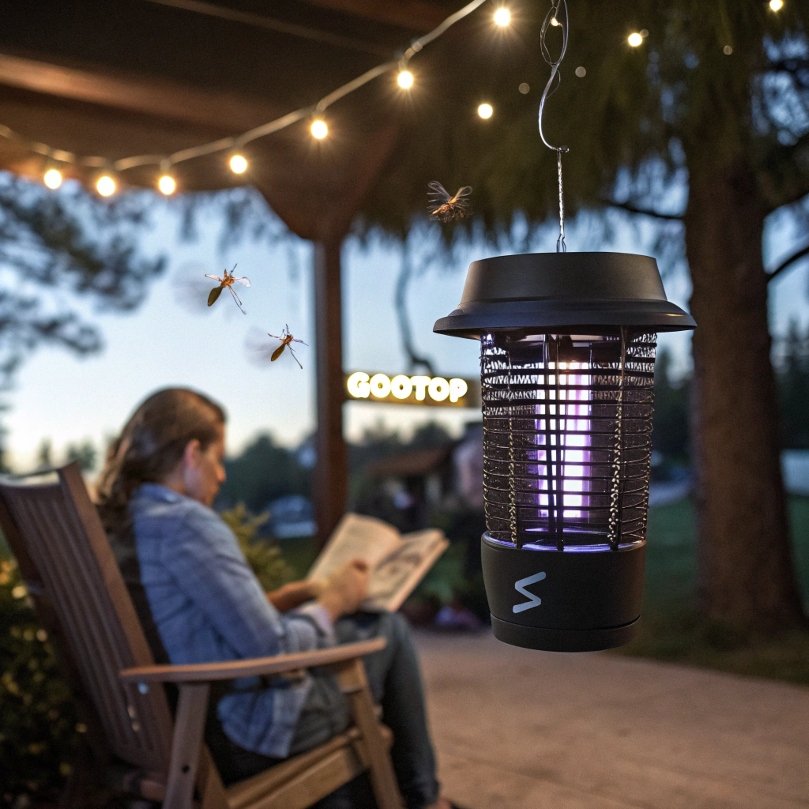 A digital photograph showcases a GOOTOP Bug Zapper in a dimly lit indoor room. The zapper emits a soft purple glow, highlighting its cylindrical design with protective ABS plastic casing. In the blurred background, a person relaxes on a couch, emphasizing the bug zapper’s discreet and home-friendly presence.
