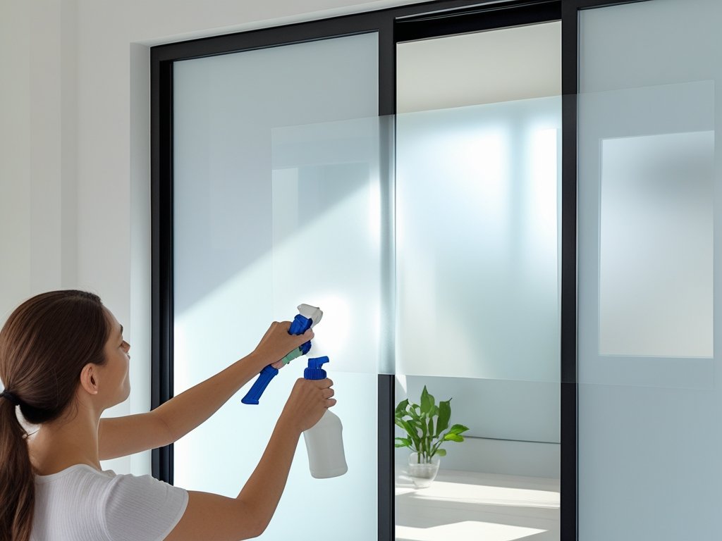 Person applying HIDBEA frosted window privacy film to a sliding glass door with spray bottle and squeegee, soft natural light coming through