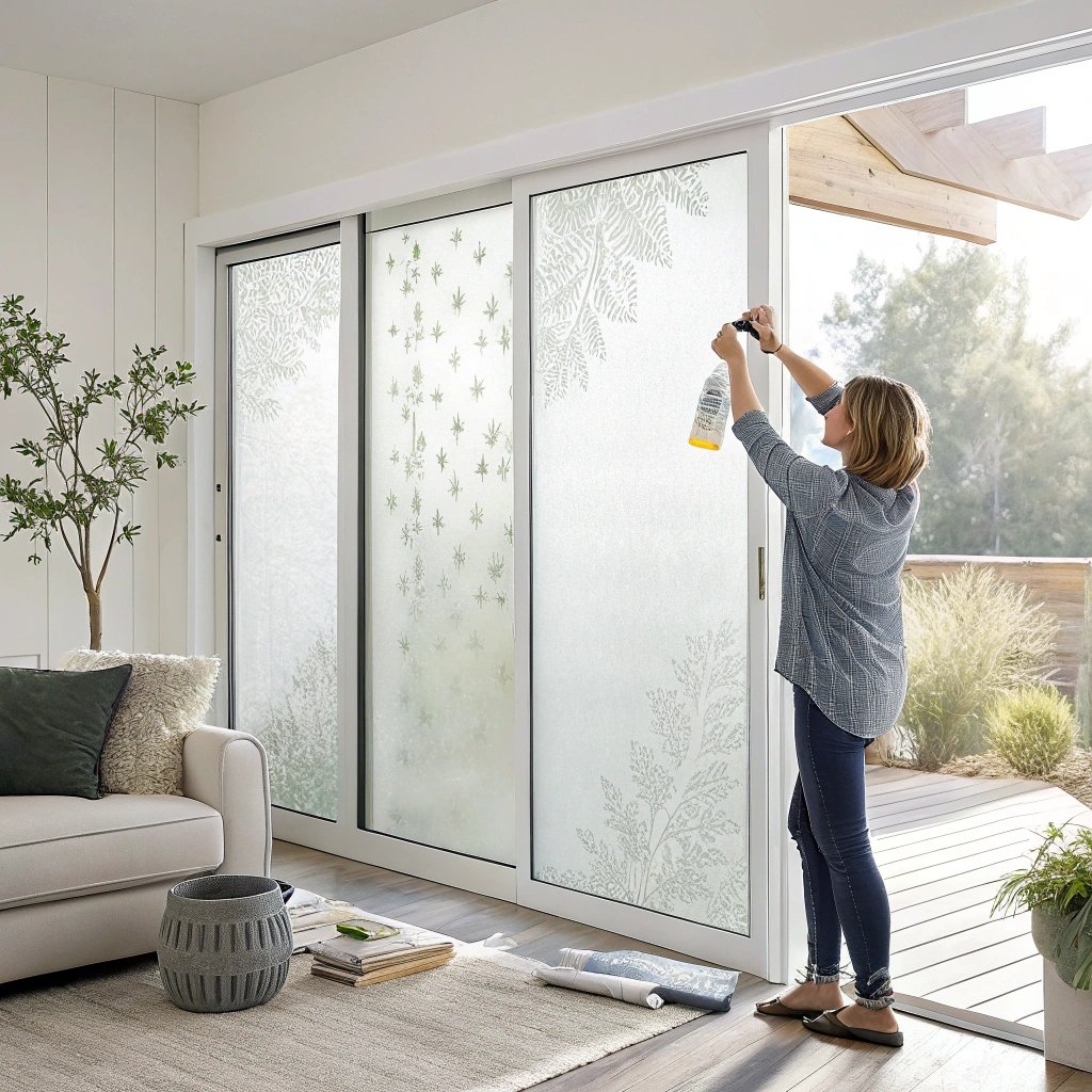 Person applying HIDBEA frosted window privacy film to a sliding glass door with spray bottle and squeegee, soft natural light coming through