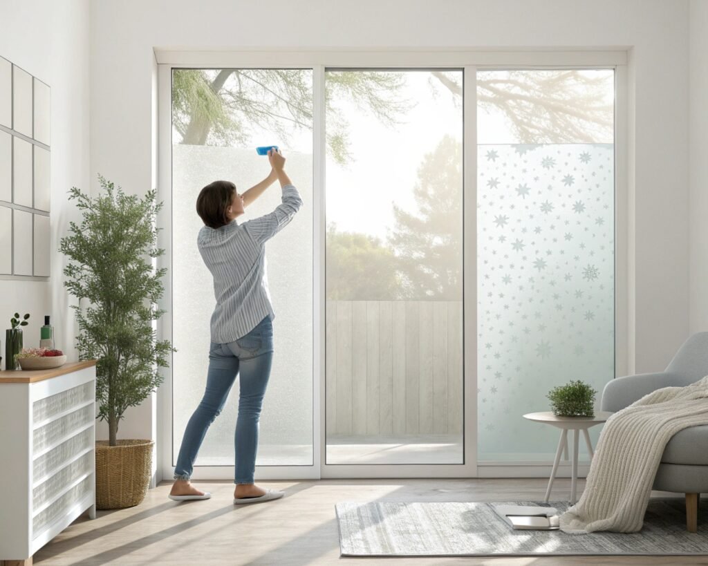 Person applying HIDBEA frosted window privacy film to a sliding glass door with spray bottle and squeegee, soft natural light coming through