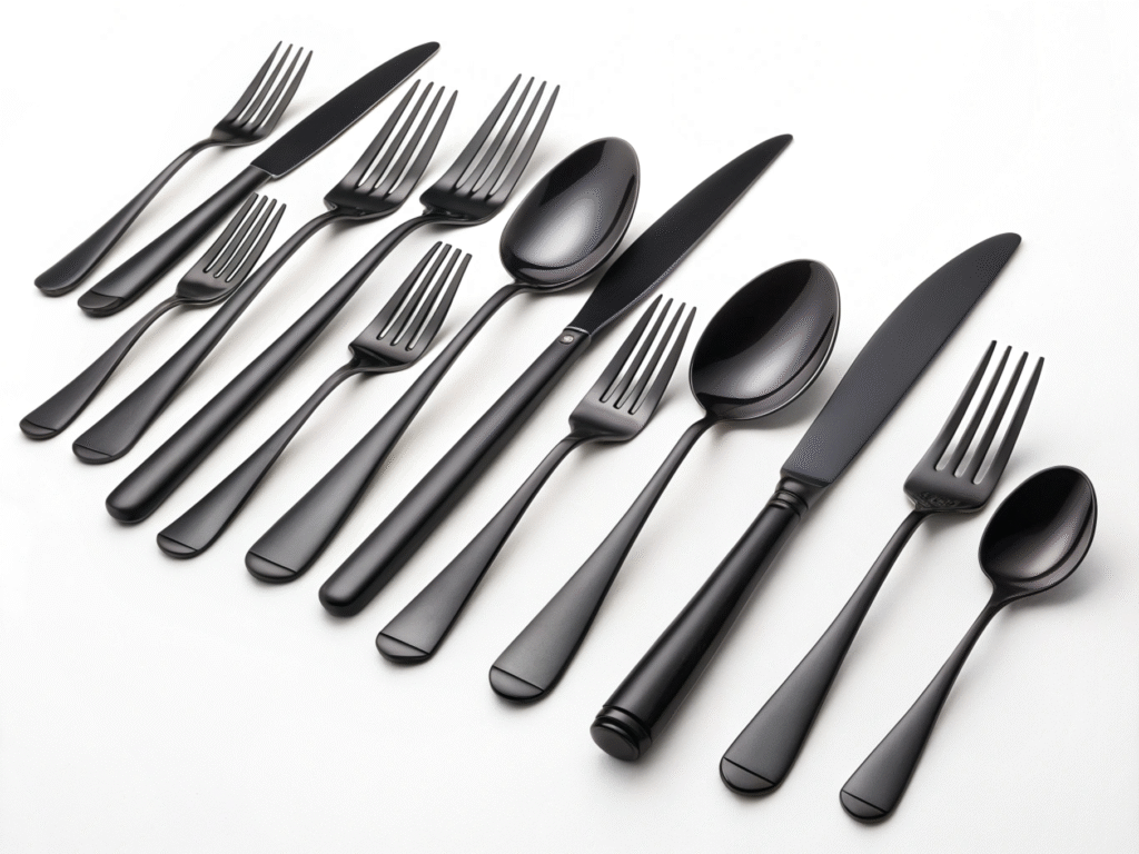 24-piece black stainless steel flatware set with steak knives, modern cutlery for 4, polished mirror finish.