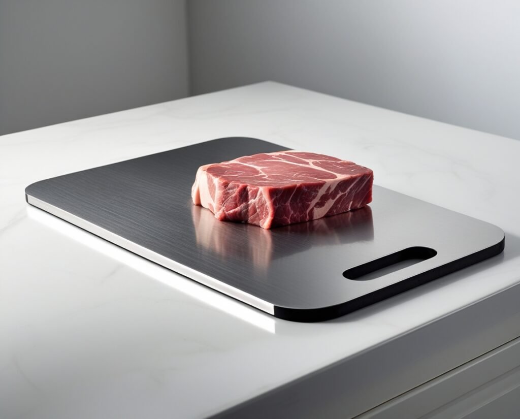 Stron-Dura stainless steel cutting board with raw meat on top, rectangular 11.5 x 8 inches, ultra-thin brushed finish, oval handle, on a clean white countertop