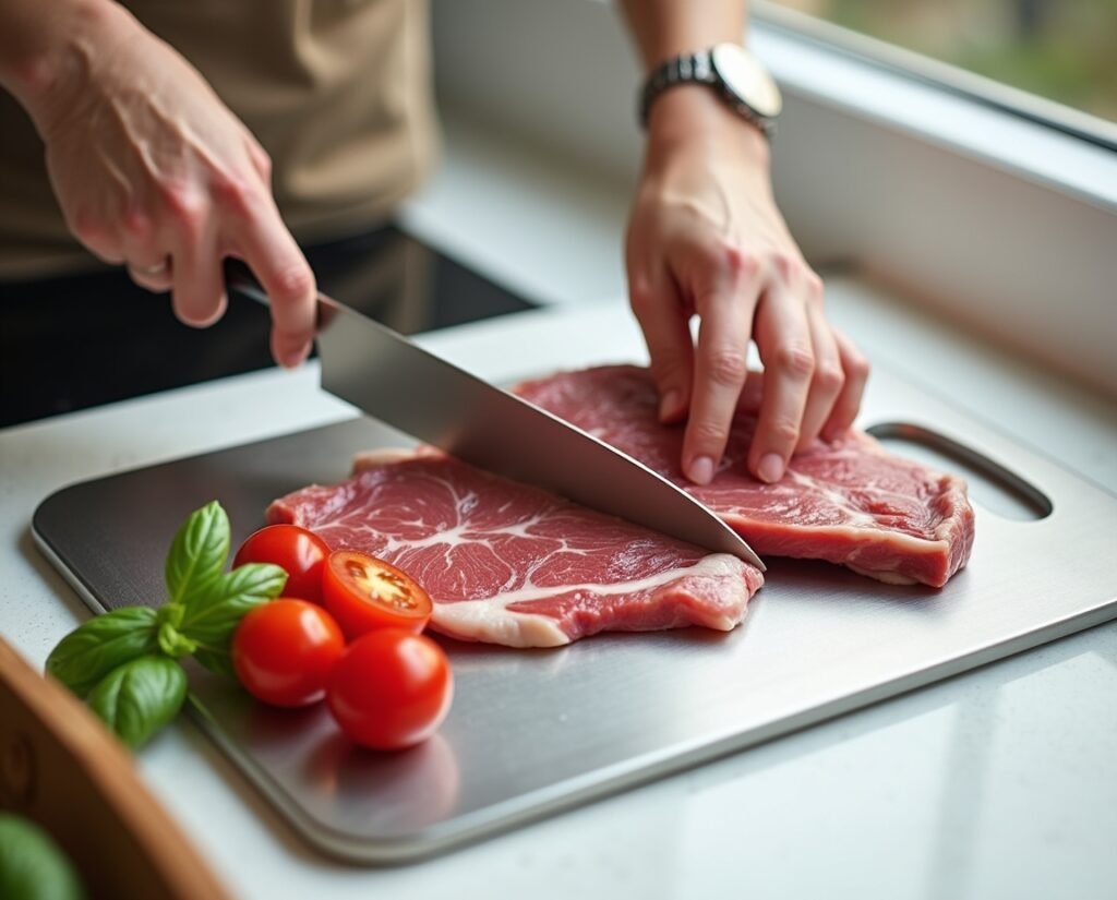 Stron-Dura stainless steel cutting board with raw meat on top, rectangular 11.5 x 8 inches, ultra-thin brushed finish, oval handle, on a clean white countertop