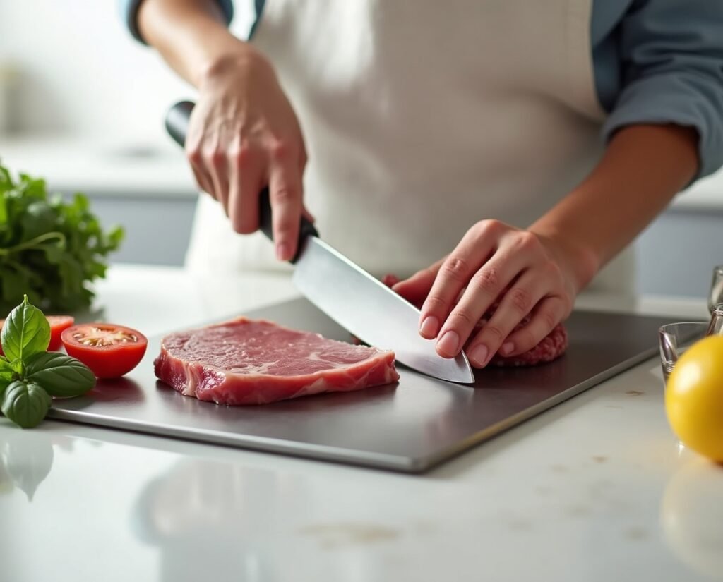 Stron-Dura stainless steel cutting board with raw meat on top, rectangular 11.5 x 8 inches, ultra-thin brushed finish, oval handle, on a clean white countertop