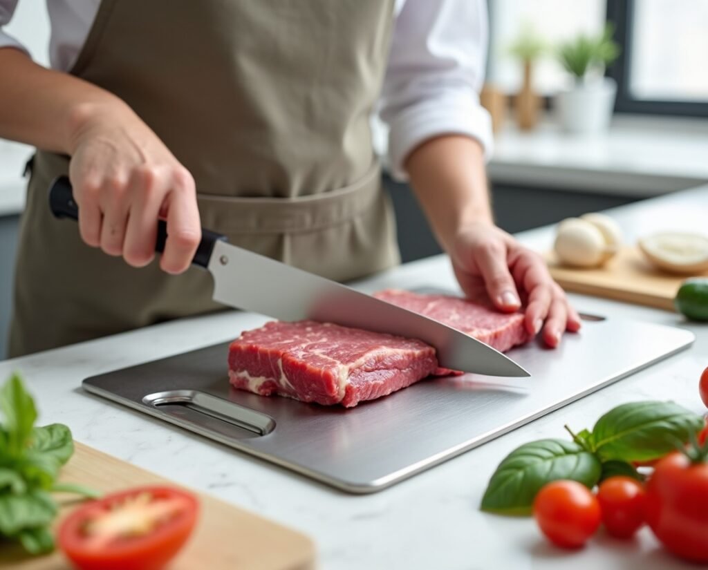 Stron-Dura stainless steel cutting board with raw meat on top, rectangular 11.5 x 8 inches, ultra-thin brushed finish, oval handle, on a clean white countertop