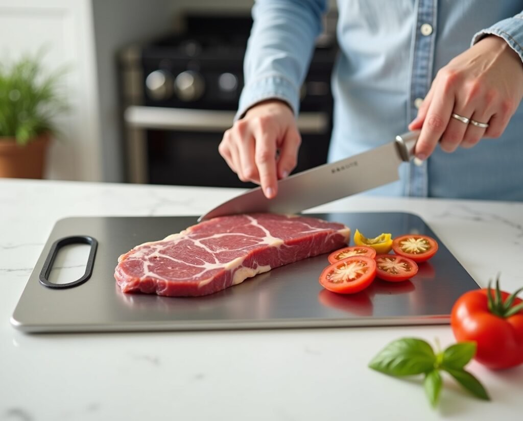 Stron-Dura stainless steel cutting board with raw meat on top, rectangular 11.5 x 8 inches, ultra-thin brushed finish, oval handle, on a clean white countertop