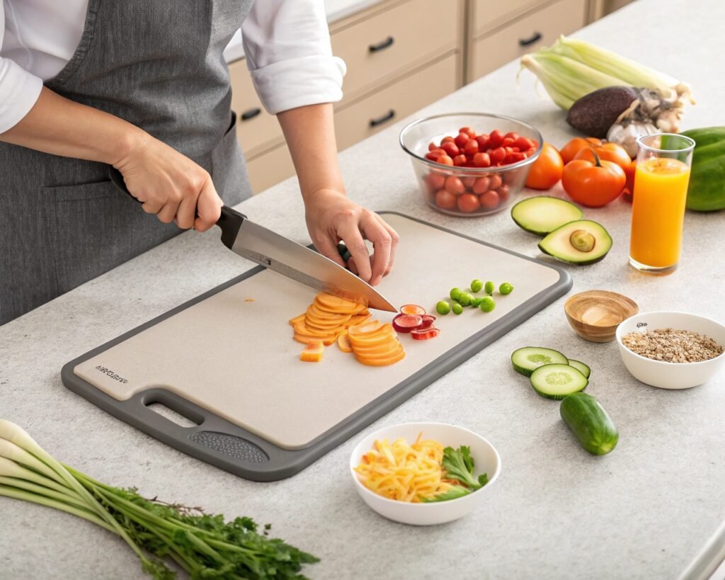 Person preparing vegetables on a double-sided 16x11 titanium cutting board, durable non-slip design, placed on a stylish kitchen countertop.