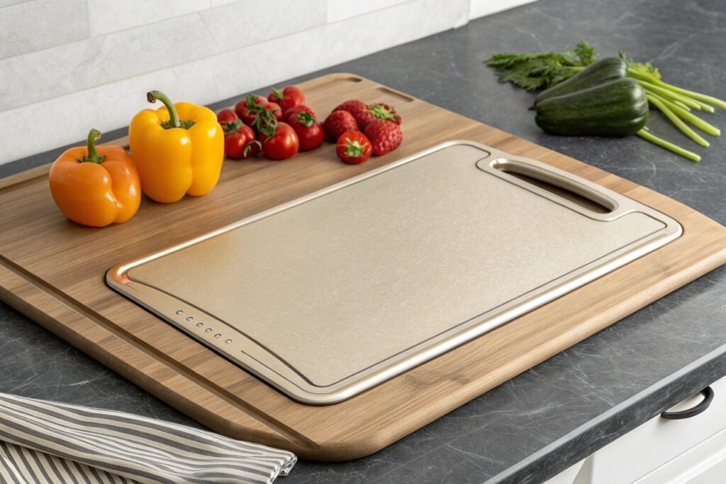 Double-sided titanium cutting board with wheat straw PP surface, juice groove, and ergonomic handles on a modern kitchen countertop.