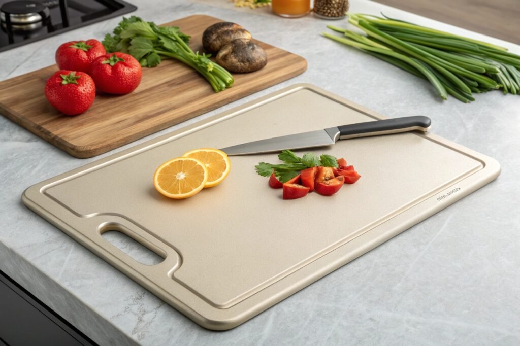 Double-sided titanium cutting board with wheat straw PP surface, juice groove, and ergonomic handles on a modern kitchen countertop.