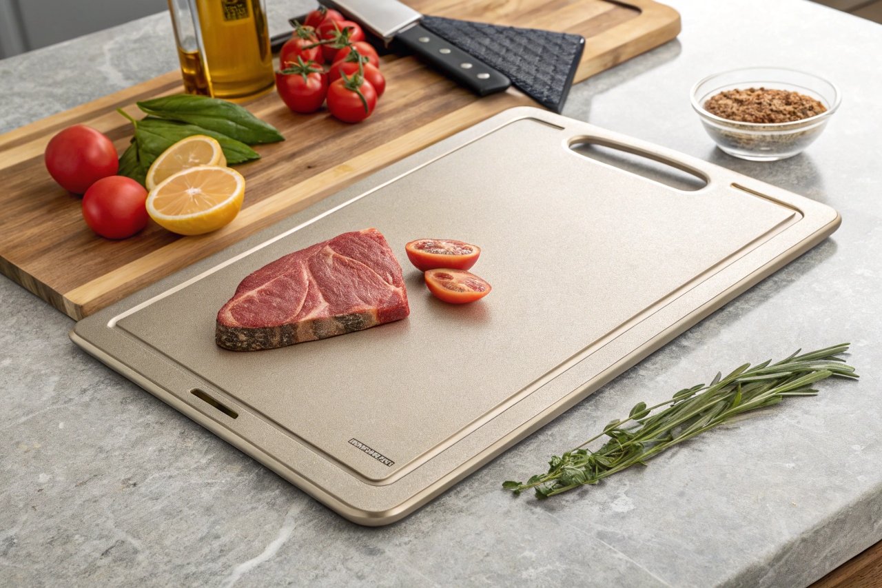 Durable titanium cutting board with reversible surfaces, ergonomic grip handles, and sleek design for modern home kitchens.