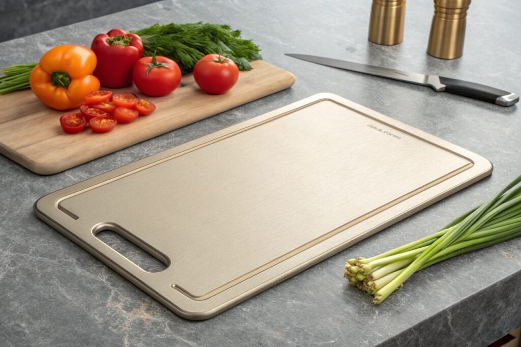 Double-sided titanium cutting board with wheat straw PP surface, juice groove, and ergonomic handles on a modern kitchen countertop.
